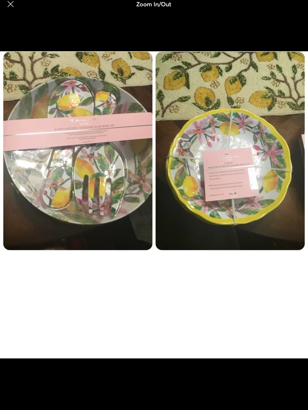 Tahari Lemon Floral Melamine Salad Bowl Set - Yellow, Pink, Green new